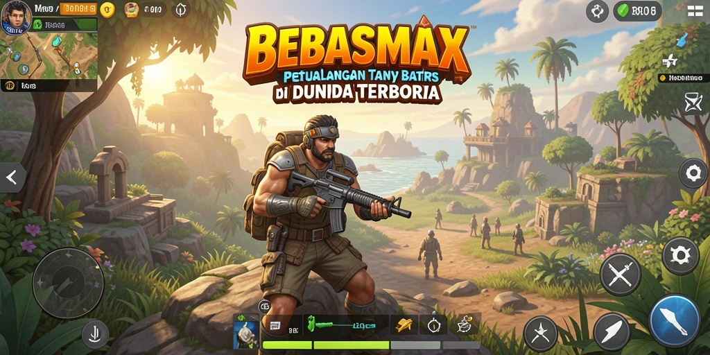 Screenshot utama BEBASMAX menampilkan petualangan epik di dunia terbuka.