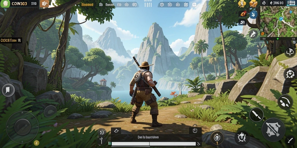 Screenshot gameplay COIN303 yang menunjukkan dunia terbuka yang luas.