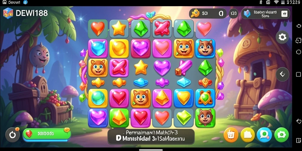 Screenshot utama DEWI188 menampilkan permainan Match-3 yang seru dan penuh warna.