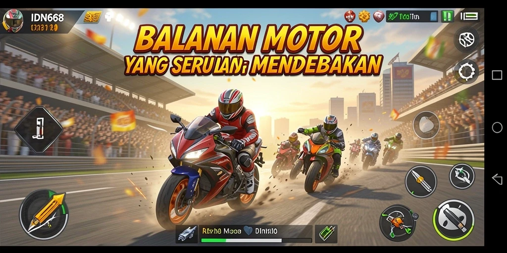 Tampilan gameplay mendebarkan dari IDN668 saat balapan motor.