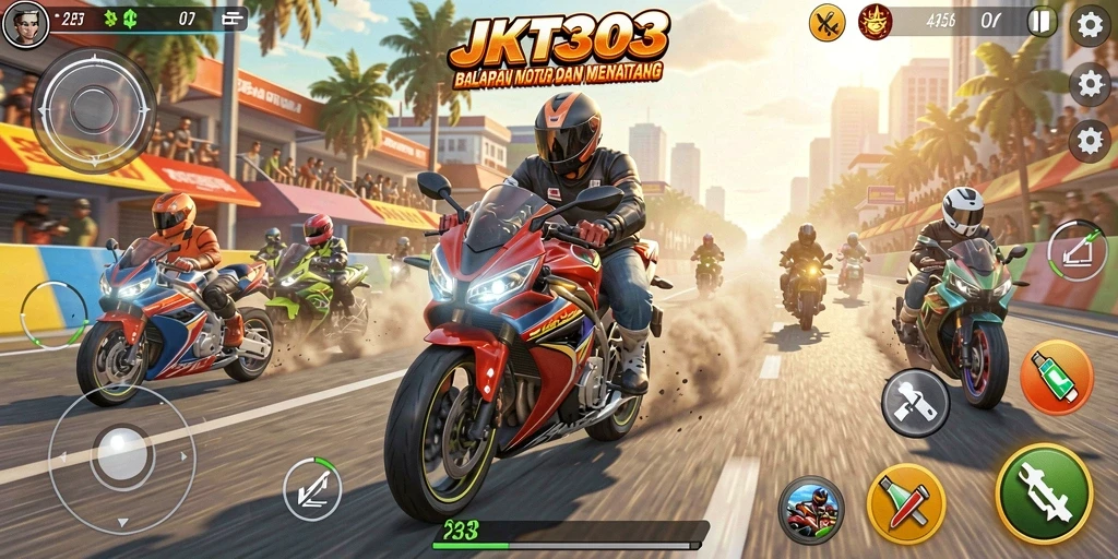 Tampilan gameplay balapan motor yang mendebarkan di JKT303.