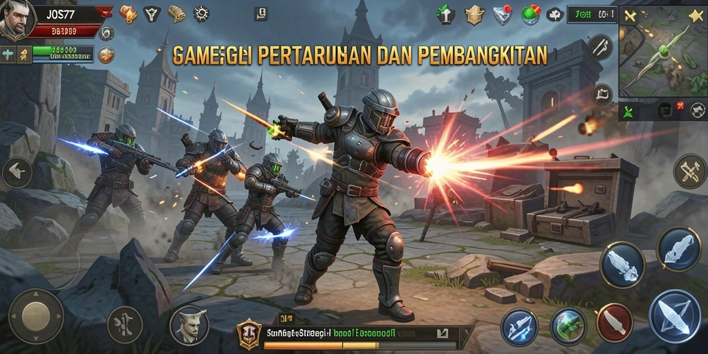 Screenshot dari gameplay JOS77 yang menampilkan pertempuran strategis yang intens.