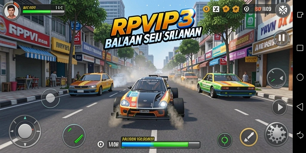 Gameplay Racing seru di RPVIP3 dengan mobil-mobil cepat.