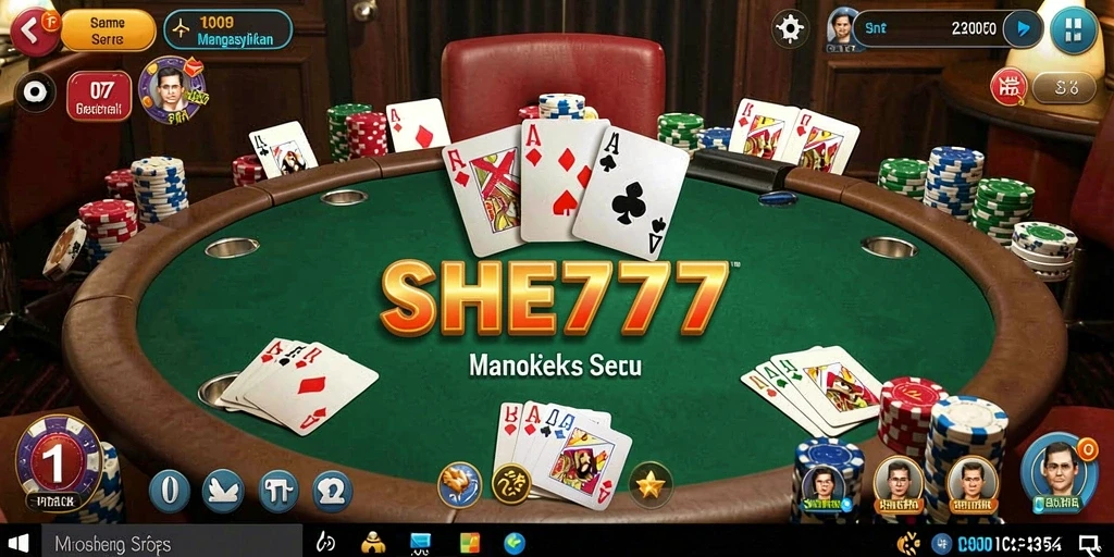 Screenshot gameplay SHE777 menunjukkan suasana kompetitif Poker yang menarik.