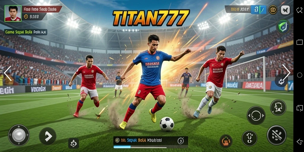 Screenshot gameplay TITAN777 menampilkan aksi seru di lapangan sepak bola.